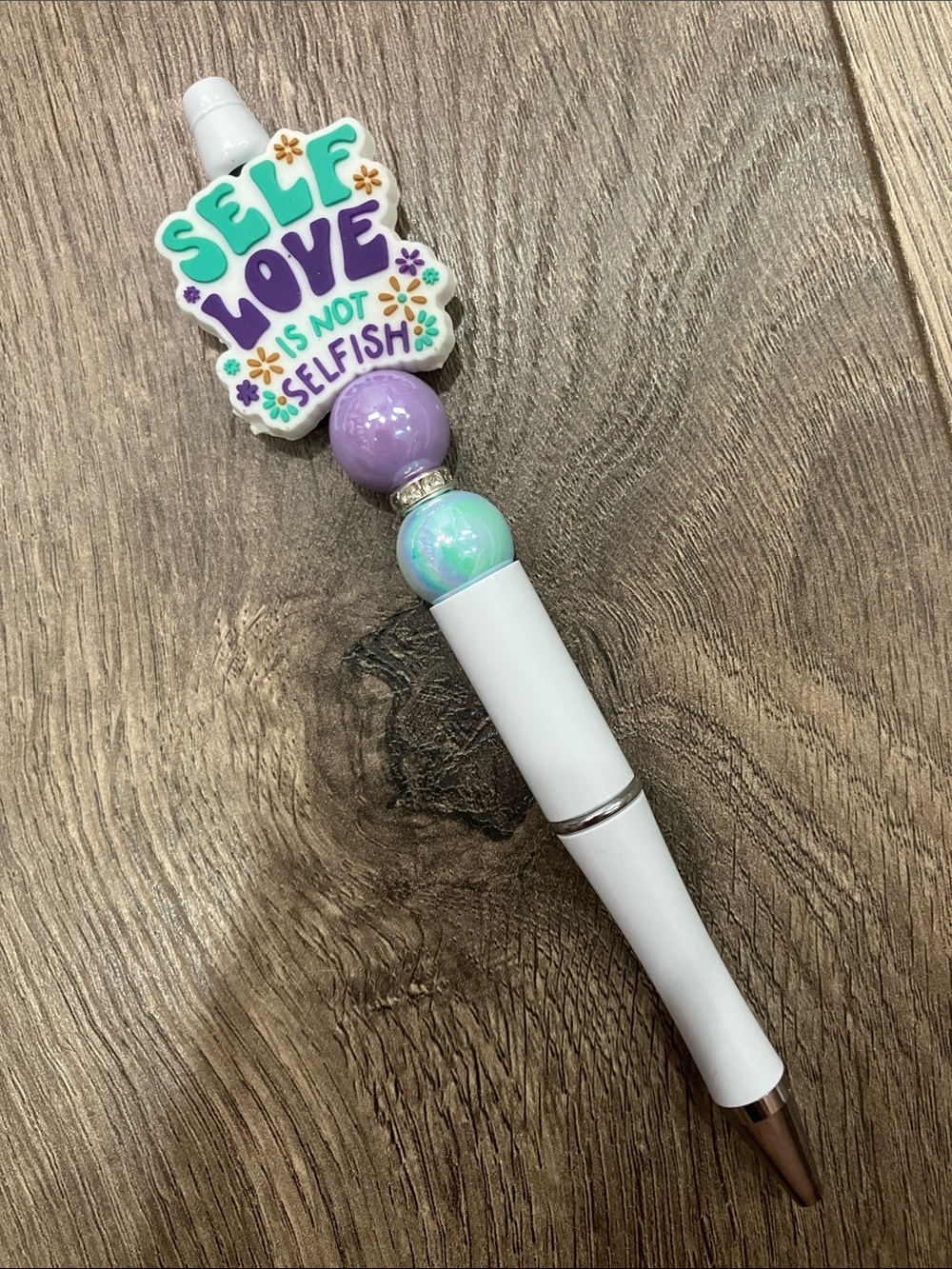 Beaded “Self Love Is Not Selfish” Pen, Purple & Mint. Create a pen bundle & save